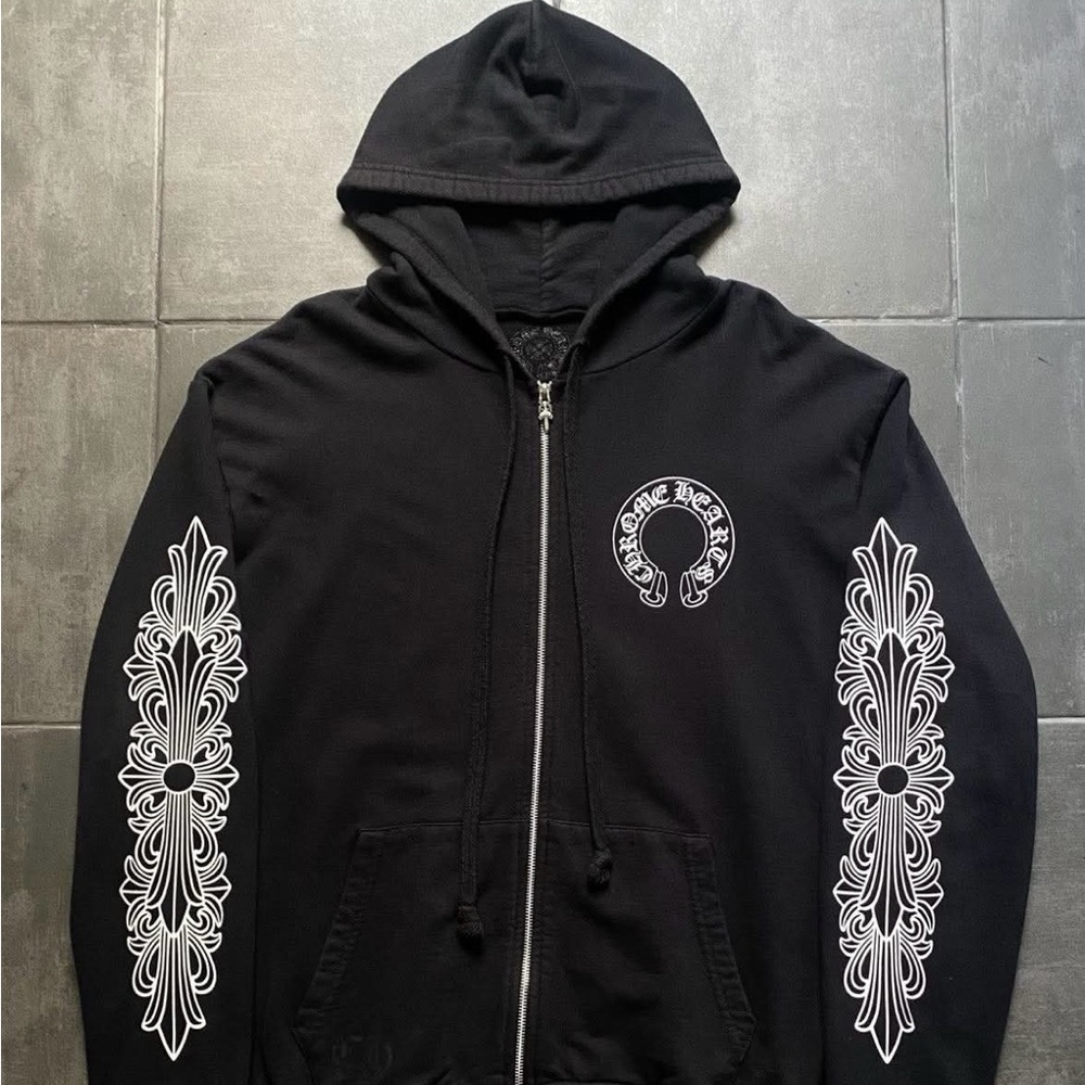 Chrome Heart Horseshoe Floral Cross Sleeve Zip Up Hoodie